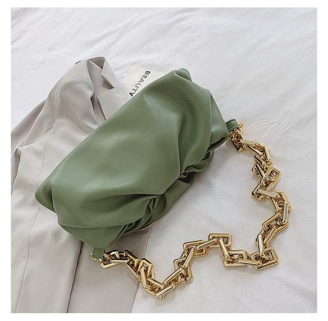 Green leather handbag purse with chunky thick chain